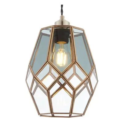 Hanging Ceiling Pendant Light Shade Brass & Clear Smoked Glass Geometric Cage