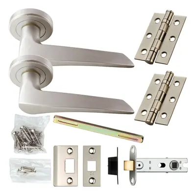 Door Handle & Latch Pack Satin Chrome Tapered Arched Bar Screwless Round Rose