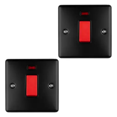 2 PACK Gang Single 45A Cooker Switch Neon - MATT BLACK & BLACK Rocker DP