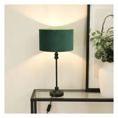 Maggie Black Candlestick Table Lamp with Green Velvet Shade & LED Bulb