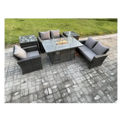 Fimous Rattan Outdoor Garden Furniture Gas Fire Pit Table Sets Gas Heater with Love Sofa Armchai