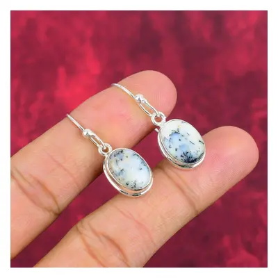 (white, 1.50 Inches) Dendrite Opal Earrings Solid Sterling Silver Gemstone Jewelry, Handmade Ear