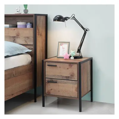 Stretton Urban Bedside Lamp Table with Drawers Rustic Industrial Oak Effect