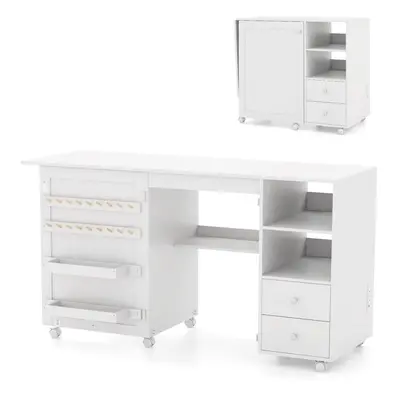 Folding Sewing Table With Charging Station Sewing Machine Cart Table-White