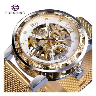 (white,gold) Forsining Golden Skeleton Mechanical Watch Stainless Steel Mesh Band Luminous Hand 