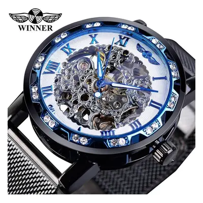 (white) Winner Golden Watches Men Skeleton Mechanical Watch Crystal Mesh Slim Stainless Steel Ba