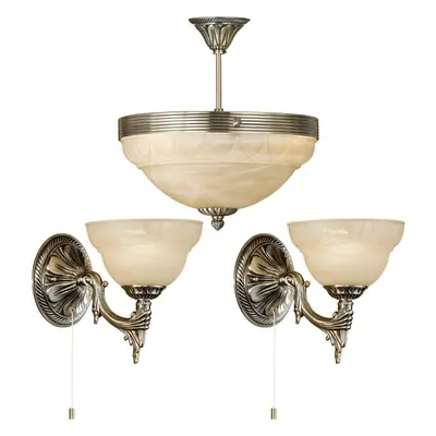 Ceiling Pendant & 2x Matching Wall Lights Bronze Alabaster Glass Vintage Lamp