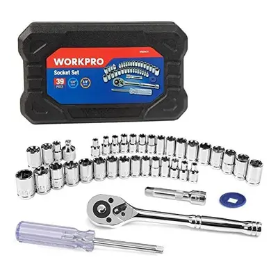 WORKPRO 39-Piece Drive Socket Set 1/4''3/8'', CR-V Metric and Imperial Sockets with Quick-Releas