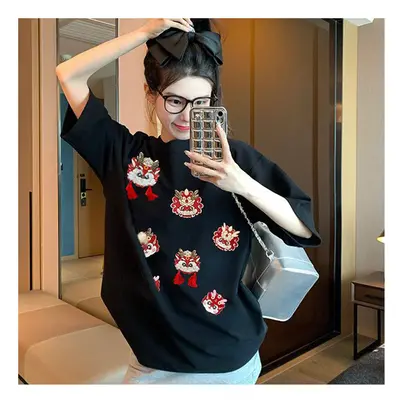 (black, XXL) Chinese Style Casual Fashion Cartoon O-neck Short Sleeve T-Shirts Women Clothes Tre