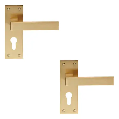 2x PAIR Straight Square Handle on Euro Lock Backplate x 50mm Satin Brass