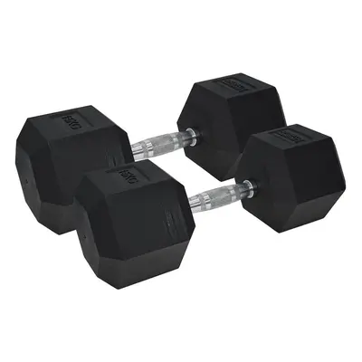 Pro Dumbbell Pair - 2x 15KG Rubber Coated Hex Dumb-Bells - Knurled Steel Handle