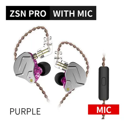 (Purple with mic) KZ ZSN PRO 1BA+1DD Hybrid technology HIFI Metal In Ear Earphones Bass