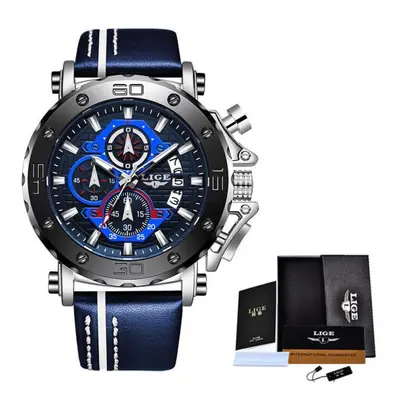 (Silver Blue) LIGE New Mens Watches Top Brand Luxury Big Dial Military Quartz Watch Leather Wate