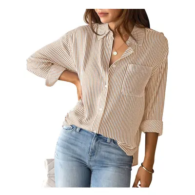 (Khaki, S) Women's Blouse Stripe Shirt Patch Pocket Top Autumn Loose Relaxed Office Lady Long Sl