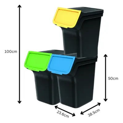 (3 x 25L) Sorting Wastebin Stackable 25L With Lid Black