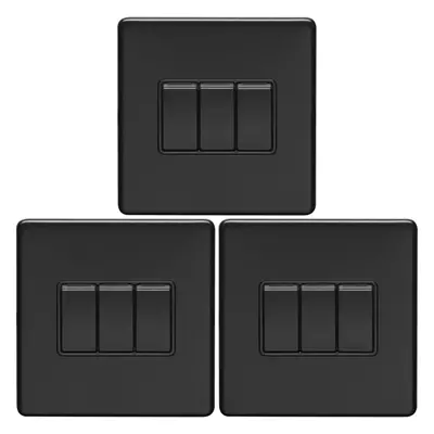 3 PACK Gang Triple Light Switch SCREWLESS MATT BLACK Way 10A Slim Rocker