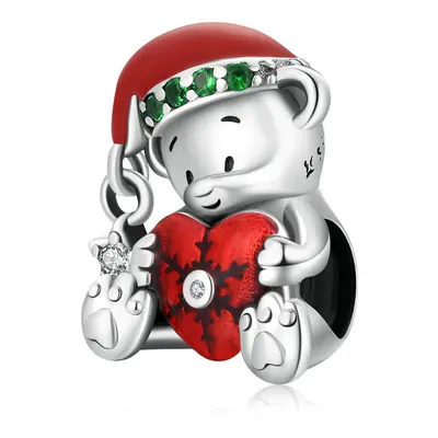 Cute Christmas Teddy Bear With Gift Charm Bead With Cubic Zirconia Genuine Sterling Silver Compa