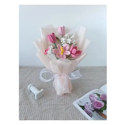 (Pink Medium Wrapped) Crochet flowers bouquet, Tulip, Pink, white, purple, blue, everlasting, Gr