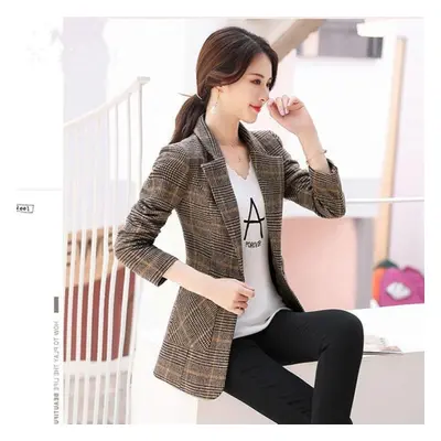 (coffee, 3XL) Women Spring Autumn Plaid Blazer Long Sleeve Slim Checked Coat Formal Jacket Offic