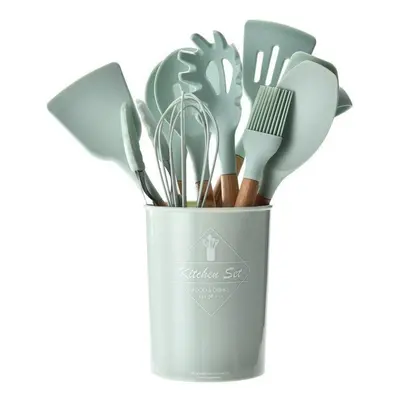 (light green) 11pcs Cooking Tool Set Silicone Kitchen Utensils Set Non-stick Spatula Shovel Wood