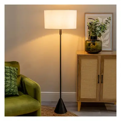 ValueLights Mitch White Shade Black Wood Triangle Floor Lamp & Bulb