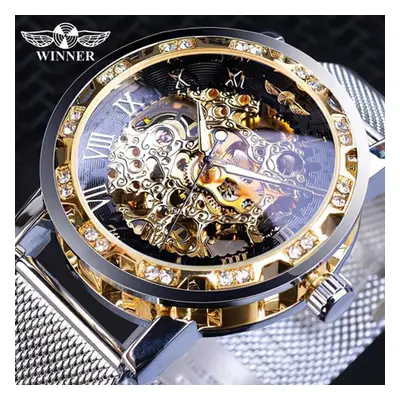 (black) Winner Golden Watches Men Skeleton Mechanical Watch Crystal Mesh Slim Stainless Steel Ba