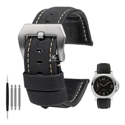 (Black white silver 24mm) 22mm 24mm 26mm Nylon Texture Leather Watchband For Panerai Pam01661 Ma