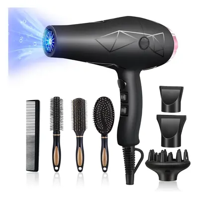 2400W Ionic Hairdryer with Diffuser for Women Men with Cool Button, Speed Heat Setting, Nozzles/