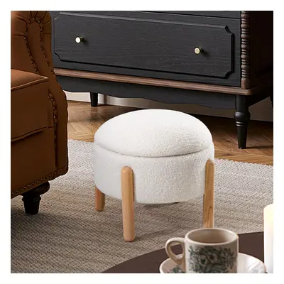 Beige Upholstered Round Storage Ottoman Foot Rest