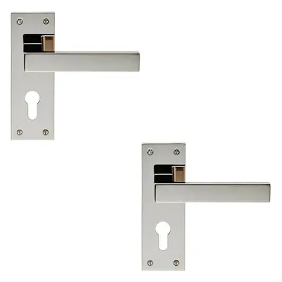 2x PAIR Straight Square Lever on Euro Lock Backplate x 50mm Polished Nickel