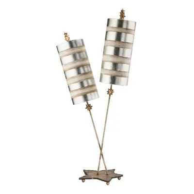 2 Bulb Table Lamp Silver Leaf & Cream Striped Shades Star Leaf Base LED E27 60W