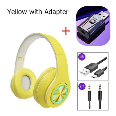 (Yellow with adaptor) Noise Cancelling Wireless Headphones With Mic Foldable Bluetooth Headset