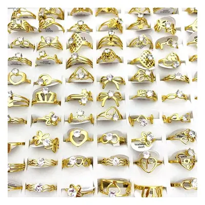 (gold) 50pcs Stainless Steel Rings Silver Gold Plated Zircon Stone Fashion Jewelry Accessories