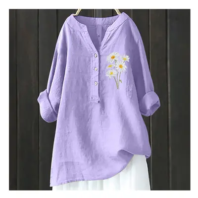 (HCY29, XL) Women's Autumn Winter New Fashion Printed Button Up Shirt Long Sleeved Bamboo Linen 