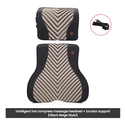 (Massage-Beige-Set) Car Neck Massage Pillow Lumbar Support Cushion Auto Seat Relax Head Waist