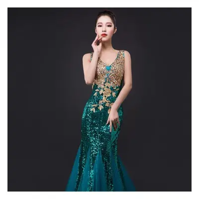 (green, 3XL) Wtempo Women&apos;s Sleeveless V-neck Fishtail Evening Dresses Wedding Reception Dr