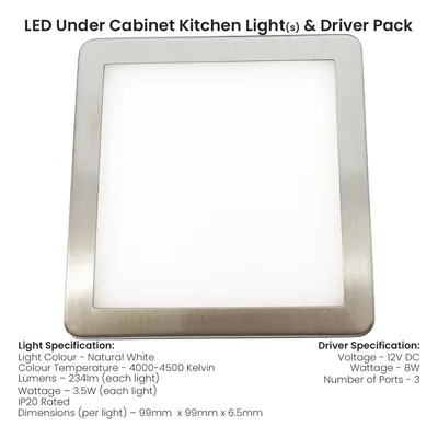 (2 Lights & Driver) BRUSHED NICKEL Slim Square Under Cabinet Light & Driver - Natural White LED