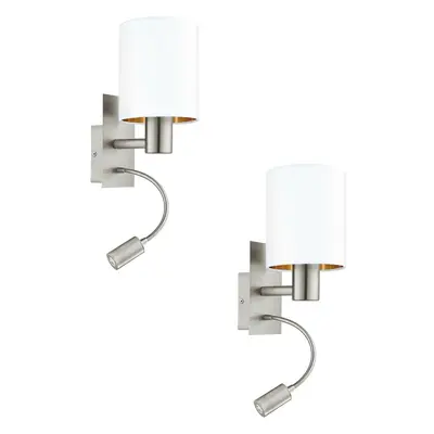 2 PACK Wall Light Satin Nickel Shade White Copper Fabric E27 LED 1x40W 1x3.5W