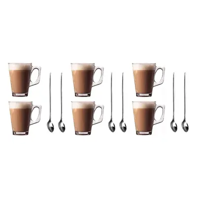 Set of Latte Glasses Mugs 240ml (8.8oz) + FREE 6pk Long Handle (19cm) Latte Spoons - Perfect for