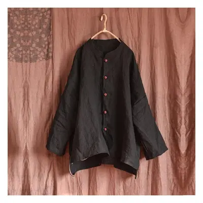 (black, One Size) Johnature Women Vintage Linen Button Coats Stand Solid Color Long Sleeve Loose