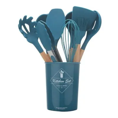 (blue) 11pcs Cooking Tool Set Silicone Kitchen Utensils Set Non-stick Spatula Shovel Wooden Hand