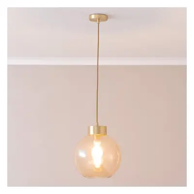 ValueLights Bellamy Amber Glass Globe Brushed Gold Cap Ceiling Light