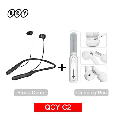 (C2 Black with pen) QCY C1 C2 Wireless Headphone Bluetooth 5.2 Magnetic Neckband Earphones