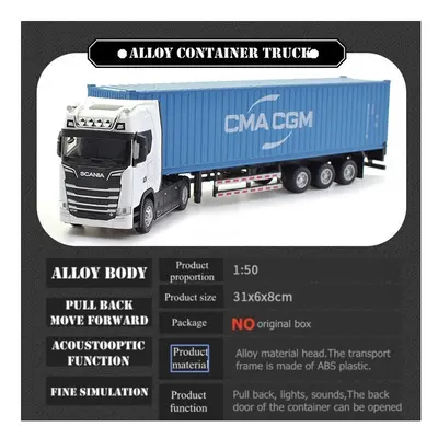 (White Blue) 1:50 Simulation Alloy Diecast Large Truck Head Model Container Toy Pull Back Sound 