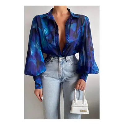 (blue, S) Spring Long Sleeve Top New Print Retro Hong Kong Style Shirt Women Design Lantern Slee