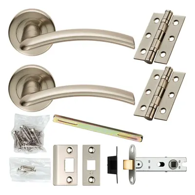 Door Handle & Latch Pack Satin Nickel Flat Arched Lever Screwless Round Rose