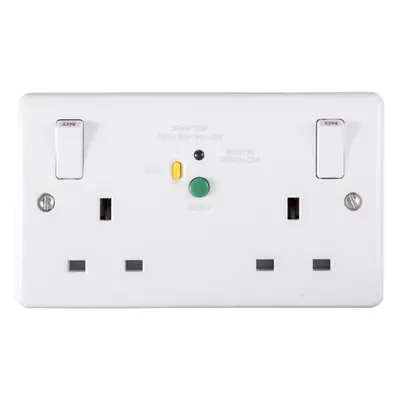 2 Gang Double 13A Swithed UK Plug Socket - 30mA Passive RCD WHITE Safety Outlet