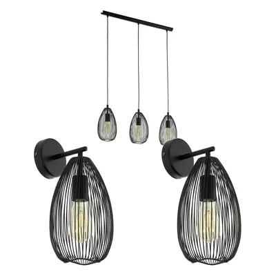 3 Bulb Ceiling Pendant & 2x Matching Wall Lights Black Wire Cage Shade Linear