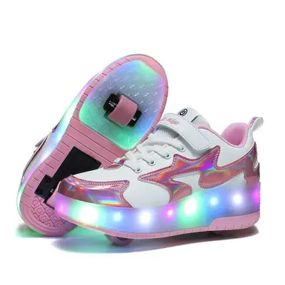 (Pink, UK 1) Girls Boys LED Wheel Trainers Skates Shoes Kids Flash Roller Skate Sneakers Size