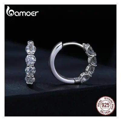 (silver, silver) Bamoer Sterling Silver Classical Round Moissanite Ear Buckles Clear Lab Diamond